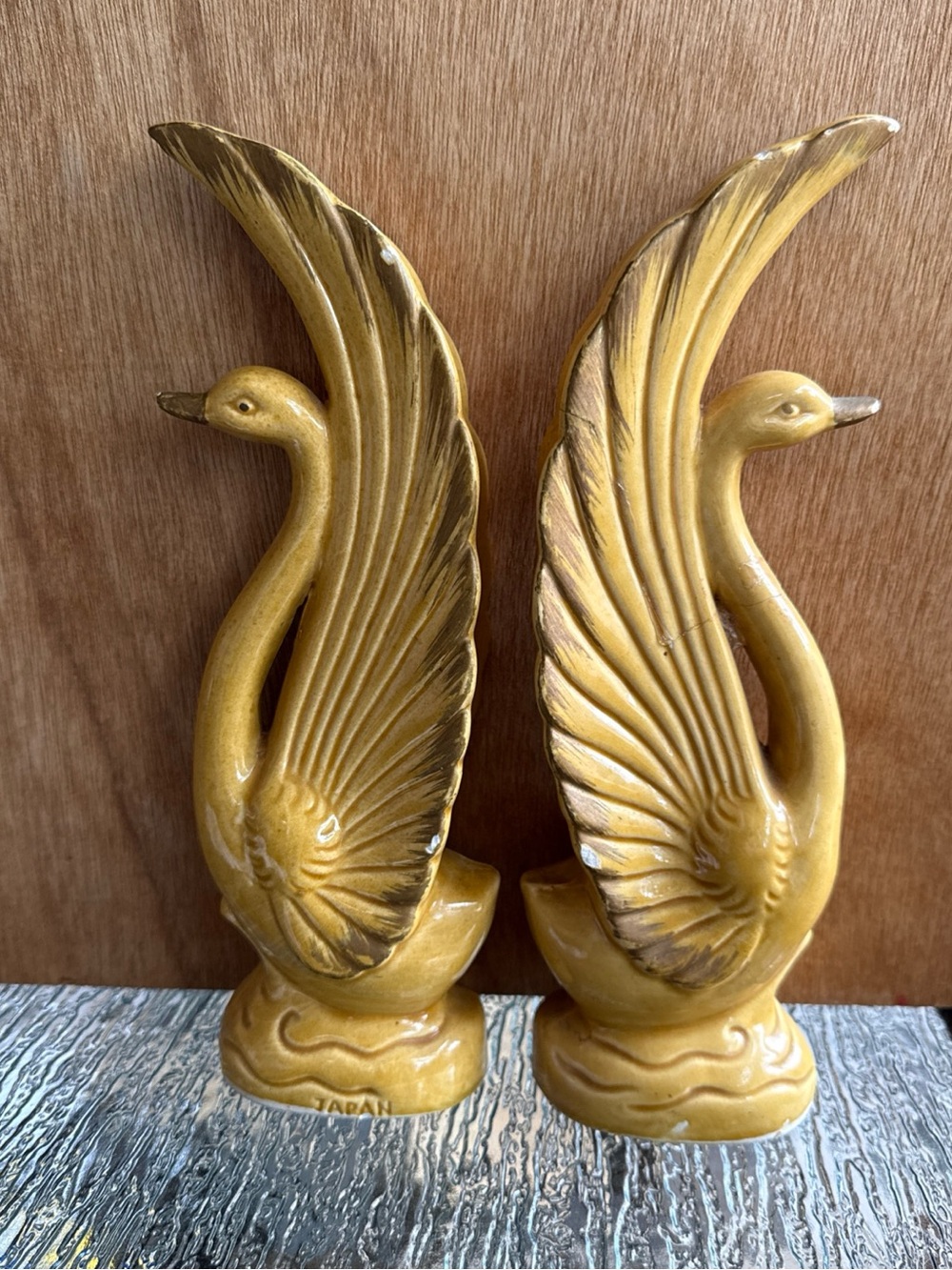 Golden Ceramic Swan Bookends - Pair vintage art deco